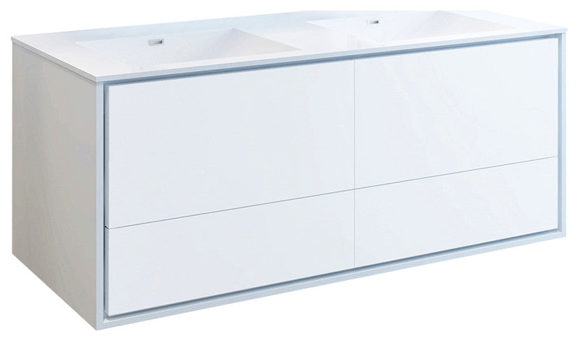 Fresca Catania 60" Gloss White Wall Hung Cabinet With Integrated Double Sink