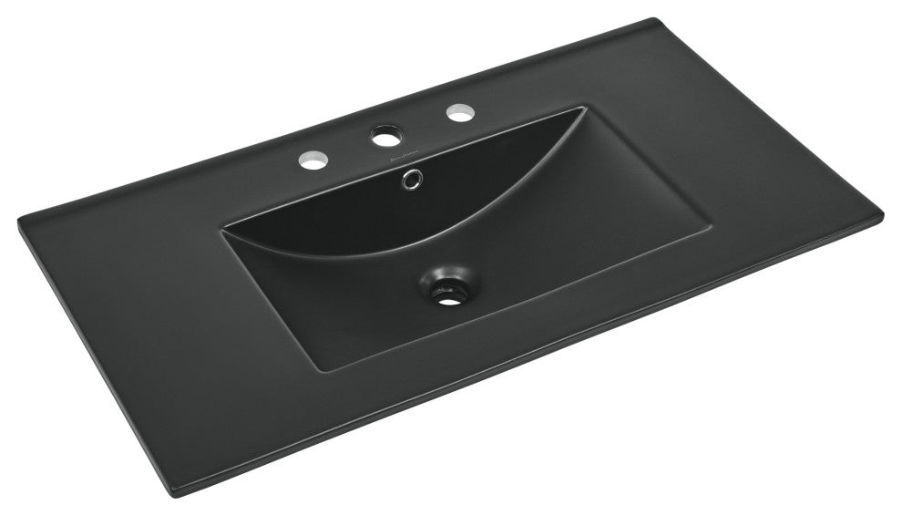 36" Ceramic Vanity Sink Top, Matte Black With 3 Holes