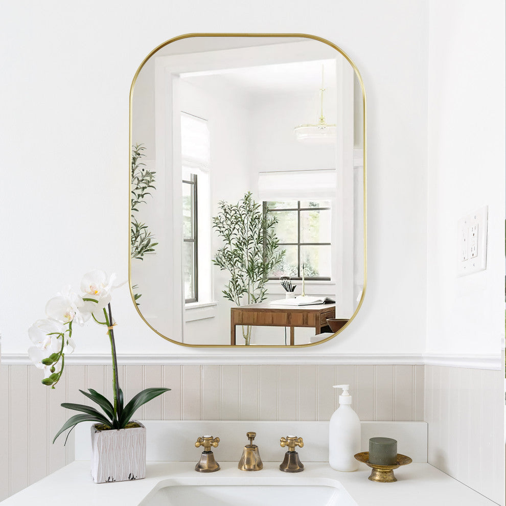 Trielle Rectangular Framed Bathroom Wall Mirror, Brushed Gold, 24"