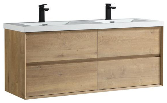 Ashley 60'' Floating Vanity, Acrylic Top, Double Sink, White Oak