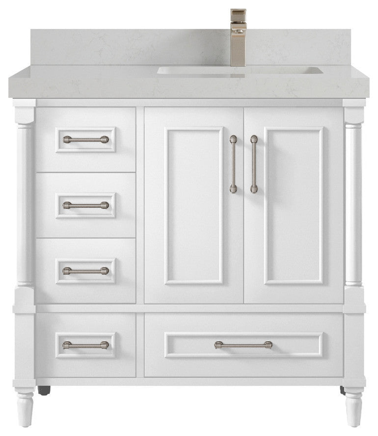 Aberdeen 36 Right Offset Bath Vanity in White 2" Carrara Quartz