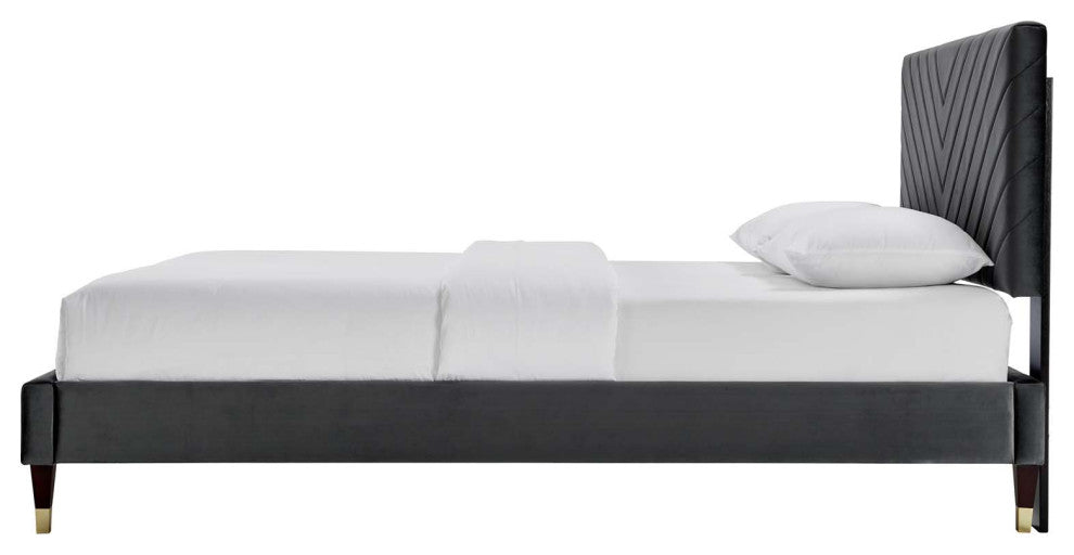Platform Bed Frame, Queen Size, Charcoal Gray, Velvet, Modern, Guest Suite