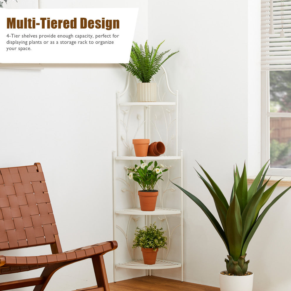52"H 4-Tiered Metal Corner Shelf Plant Stand, White