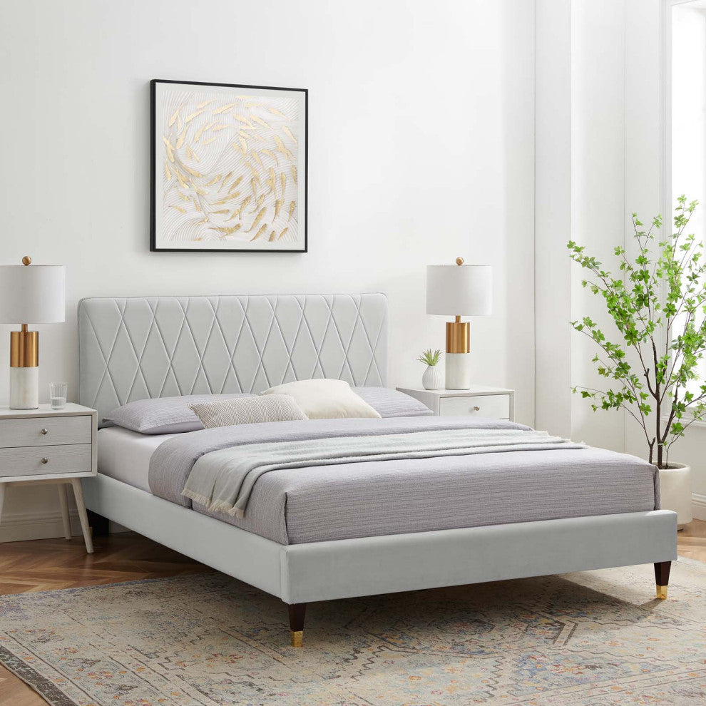 Platform Bed Frame, Queen Size, Velvet, Light Gray, Modern Contemporary