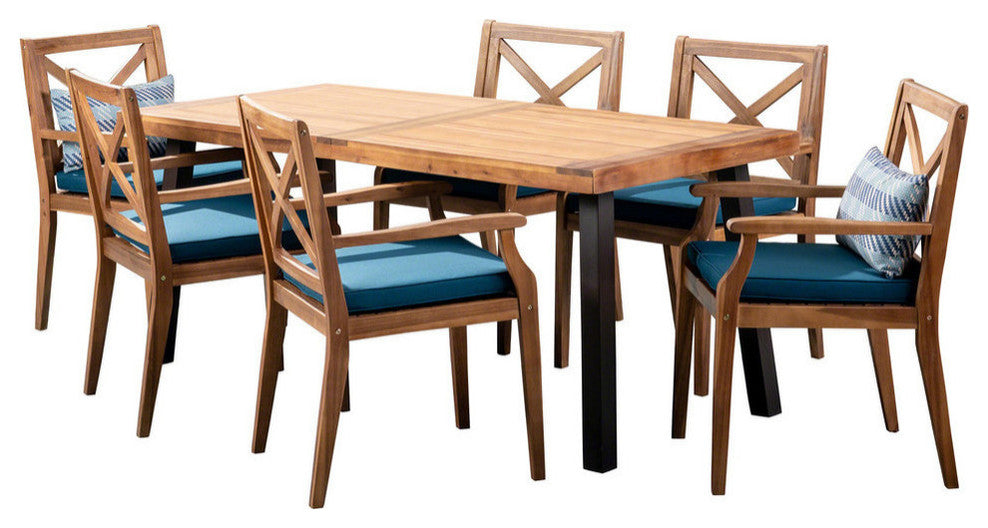 GDF Studio 7-Piece Justin Outdoor Acacia Wood Dining Set, Teak/Rustic Metal/Blue