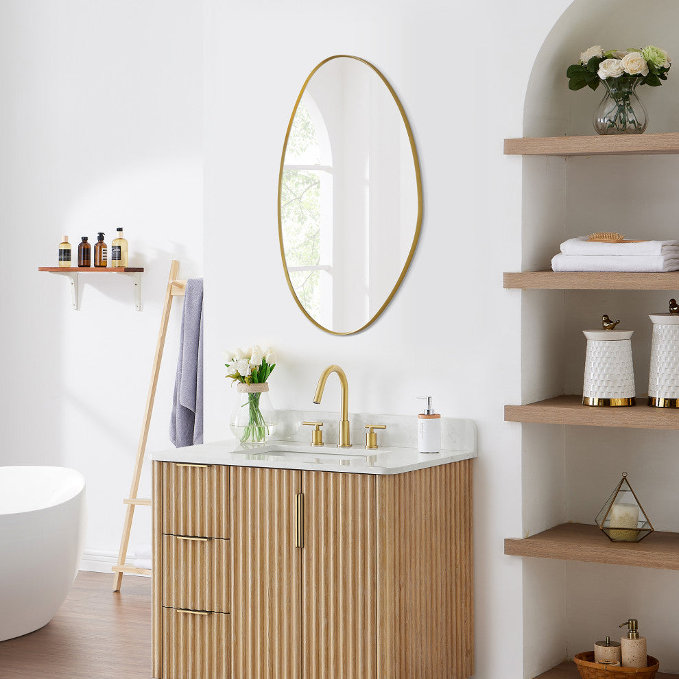 Aura Irregular Framed Bathroom Wall Mirror, Brushed Gold, 27"