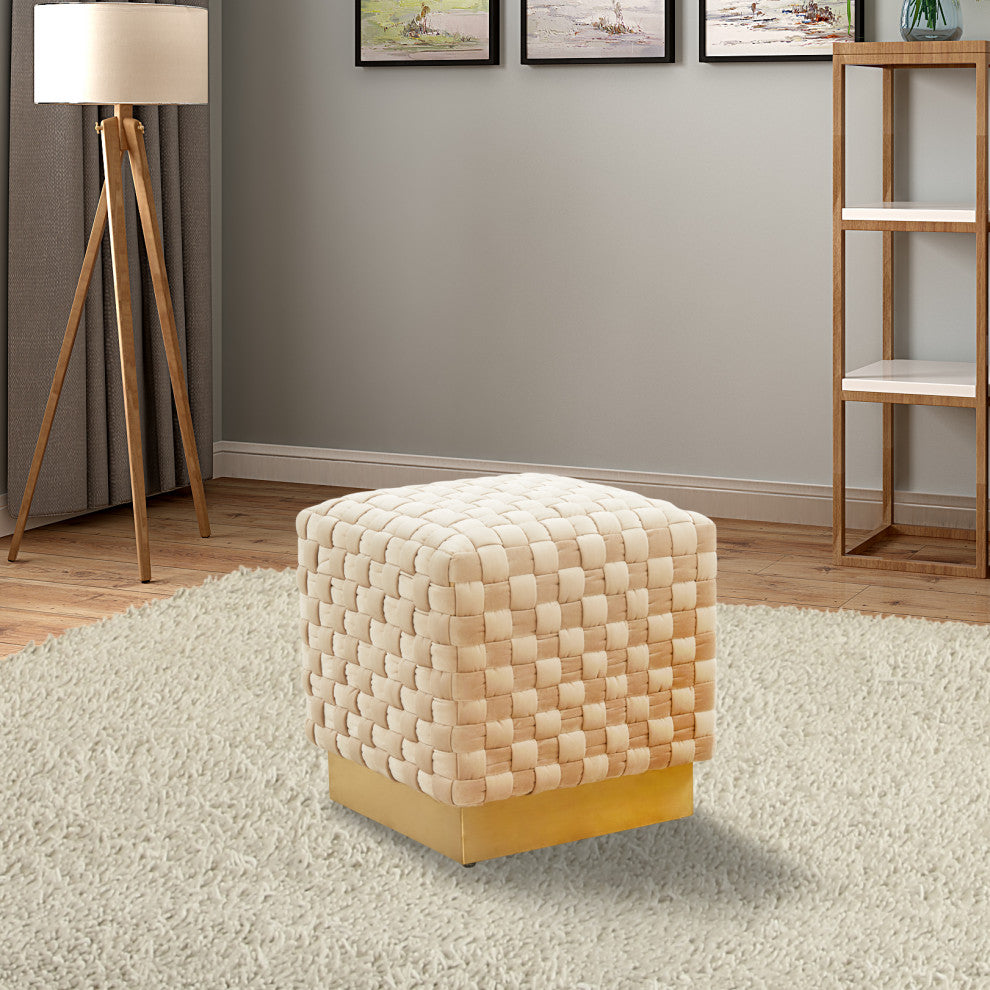 19-Inch Square Velvet Ottoman/Stool in Gold Stainless Steel, Beige