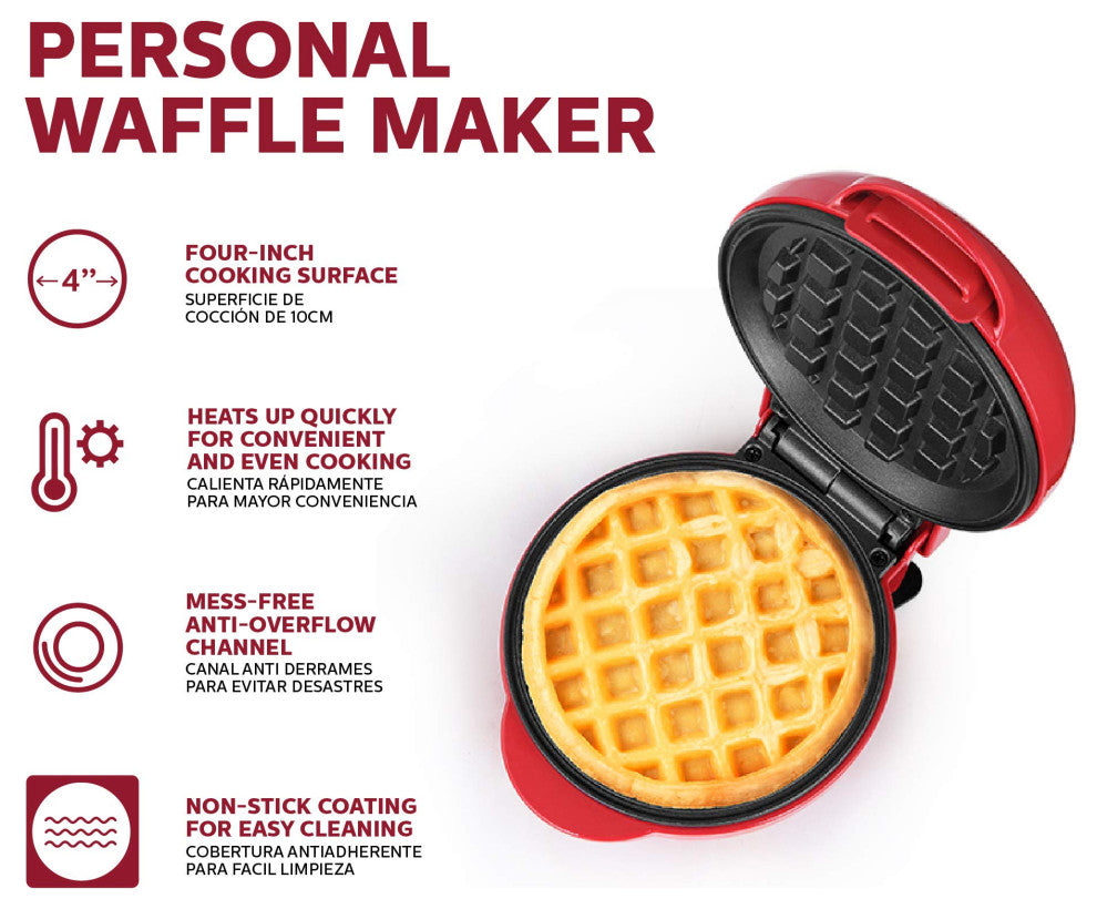 Personal Non-Stick Waffle Maker, Black - 4-inch Waffles in Minutes., Red