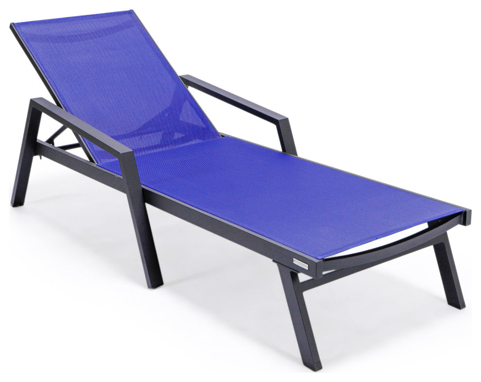 LeisureMod Marlin Chaise Lounge Chair With Arms and Fire Pit Table, Navy Blue