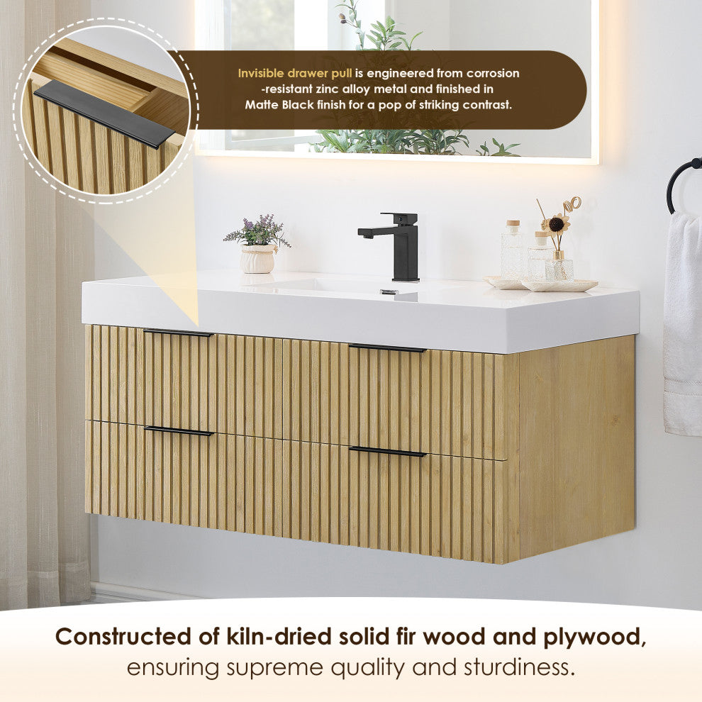 Livia Wall-mounted Bathroom Vanity, Nature Brown, 48inch, No Mirror