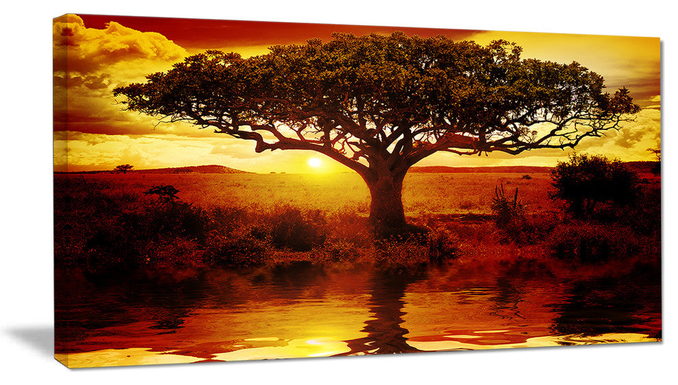 Lonely Tree in African Sunset, Oversized African Landscape Canvas Art, 32"x16"