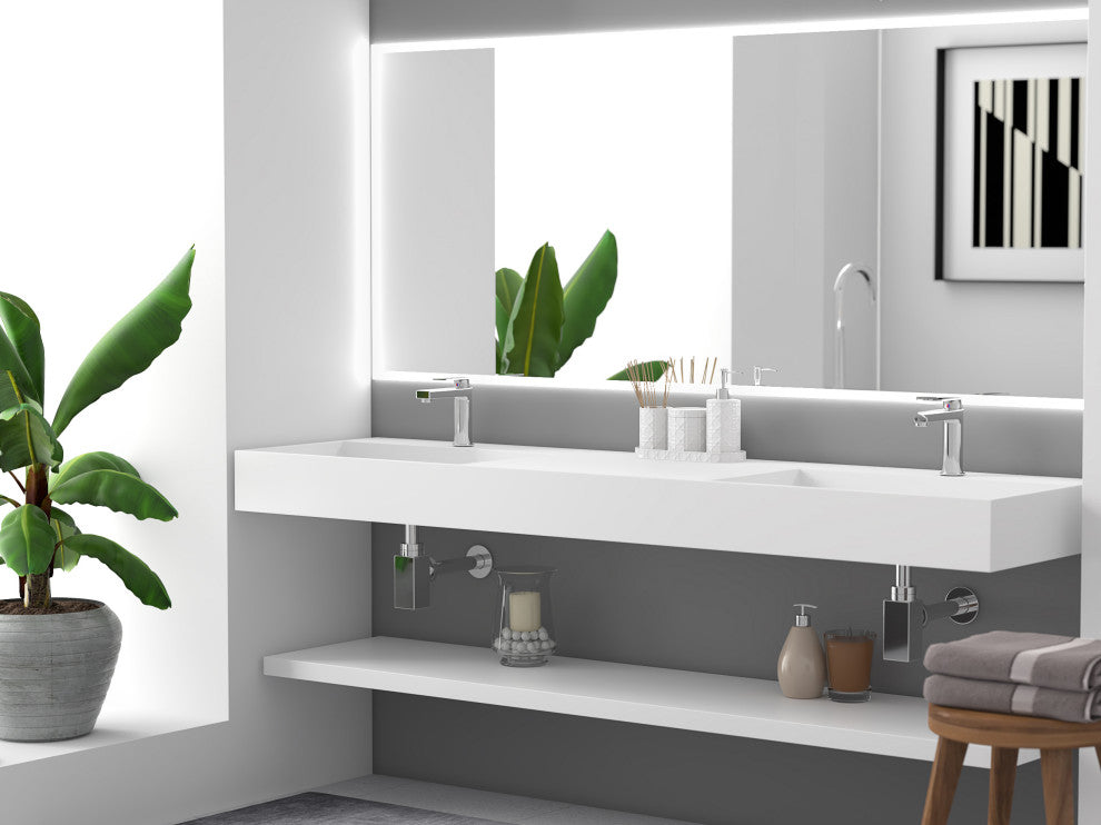 CastelloUSA Juniper Wall Mounted Countertop Concealed Drain Basin Sink, White, 72, Double Basin, Standard
