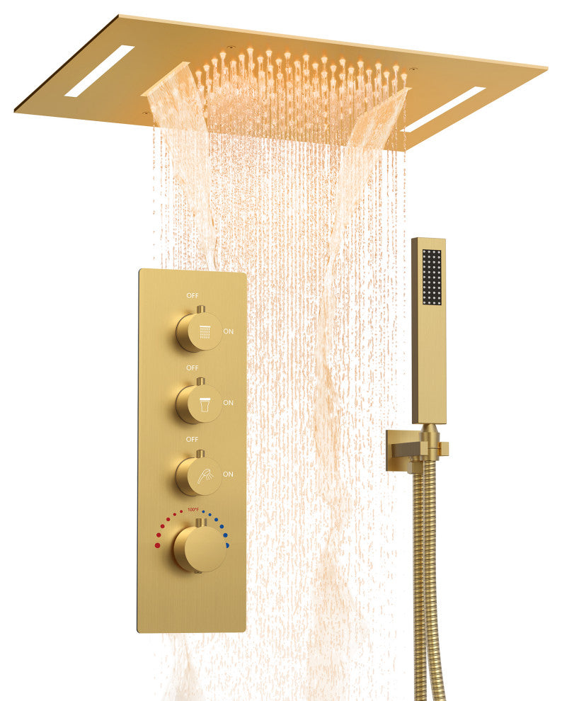 Thermostatic LED Shower System Rainfall Waterfall Shower Head w/ Hand Shower, Brushed Gold, 23 in.x 15 in.