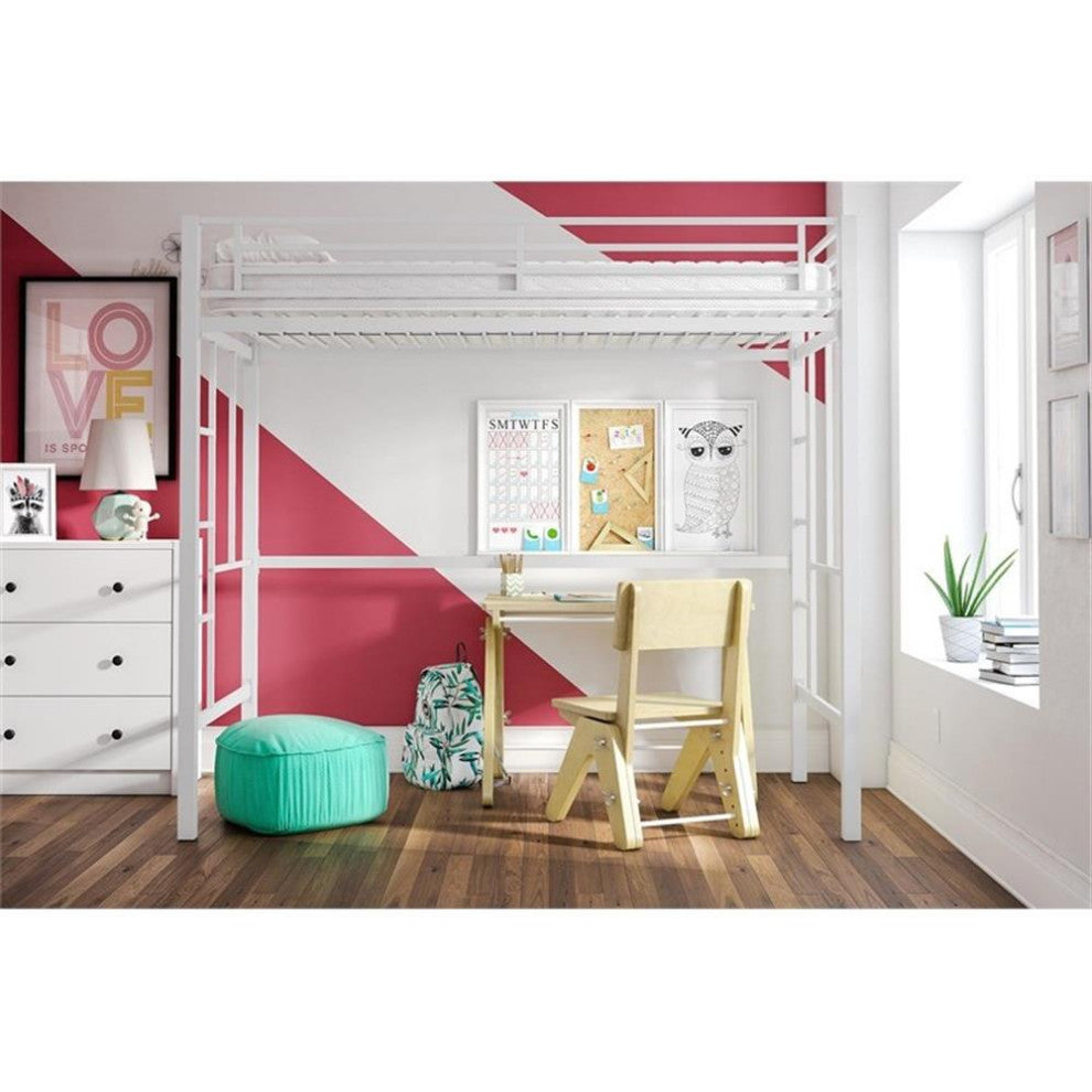 Pemberly Row Modern / Contemporary Twin Metal Loft Bed in Off White
