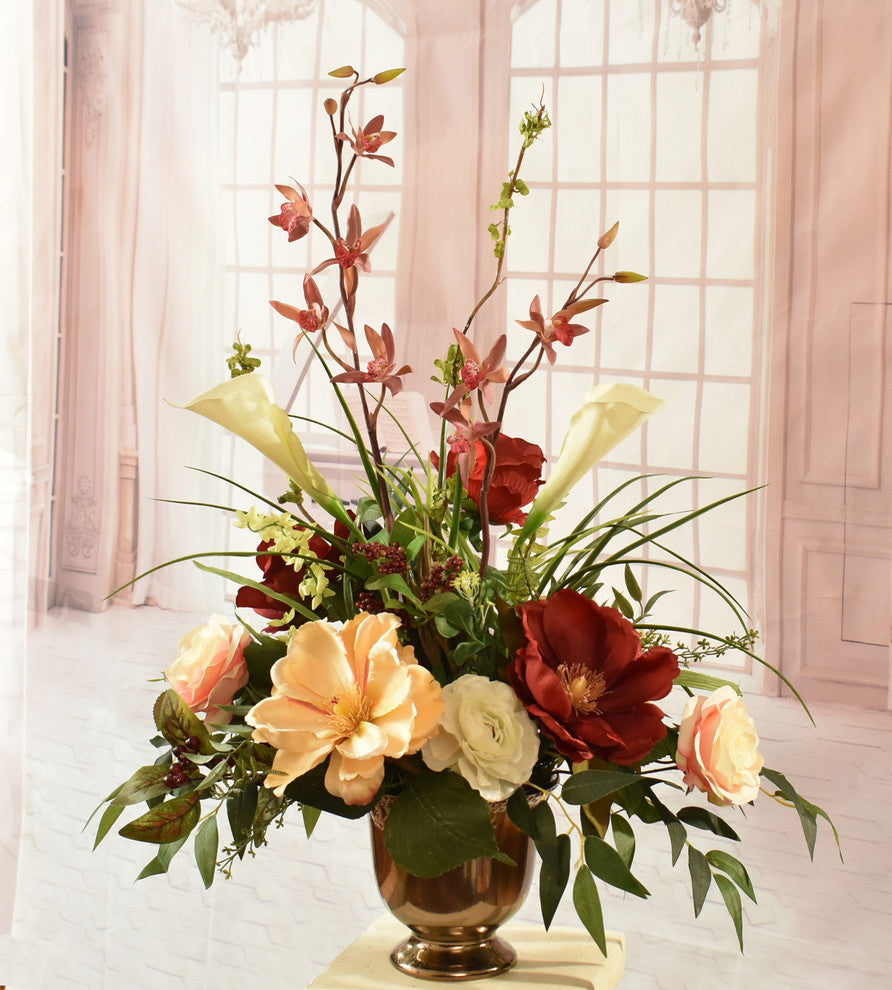 Magnolia, Rose and Orchid Silk Flower Arrangement