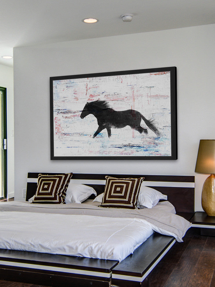 Parvez Taj "Black Horse Stride" Framed Painting Print, 24"x16"