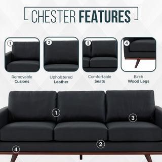 LeisureMod Chester Mid-Century 3-Seater Leather Modern Sofa, Black