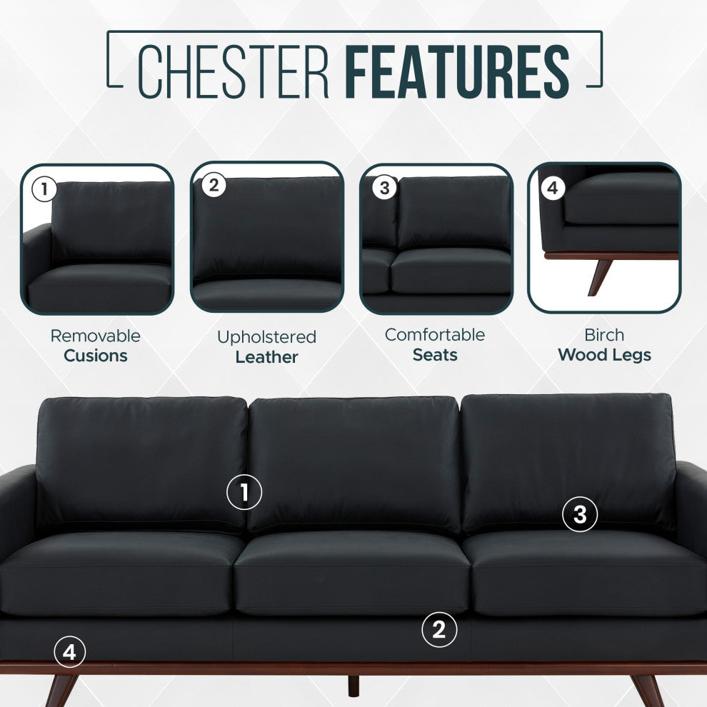 LeisureMod Chester Mid-Century 3-Seater Leather Modern Sofa, Black