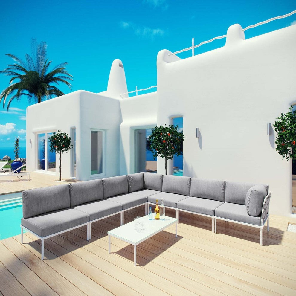 Modern Urban Outdoor Patio 8-Piece Sectional Sofa Set, Gray White Gray, Rattan