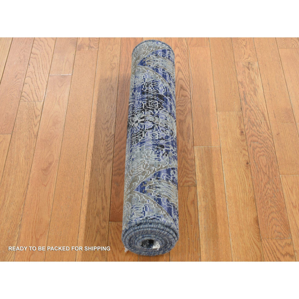 Steel Blue Broken and Erased Silk With Wool Hand Knotted Runner Rug 2'7"x8'3"