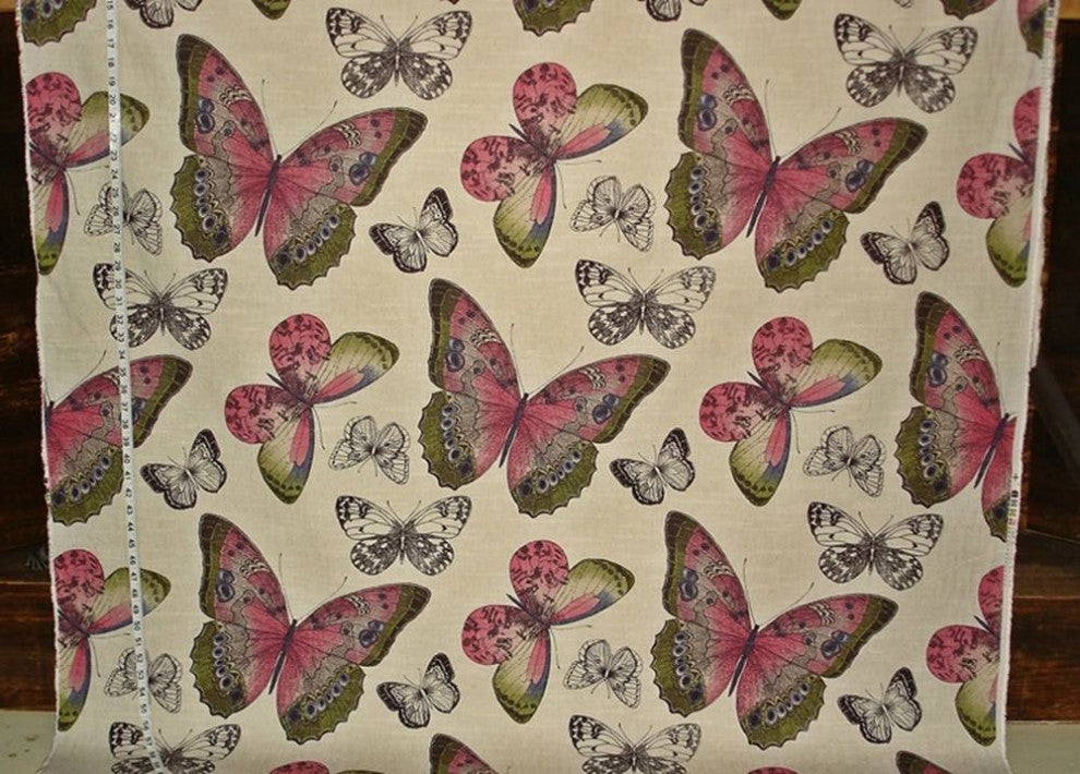 Butterfly Fabric pink lavender upholstery material, Pink, Green, and Blue, Standard Cut