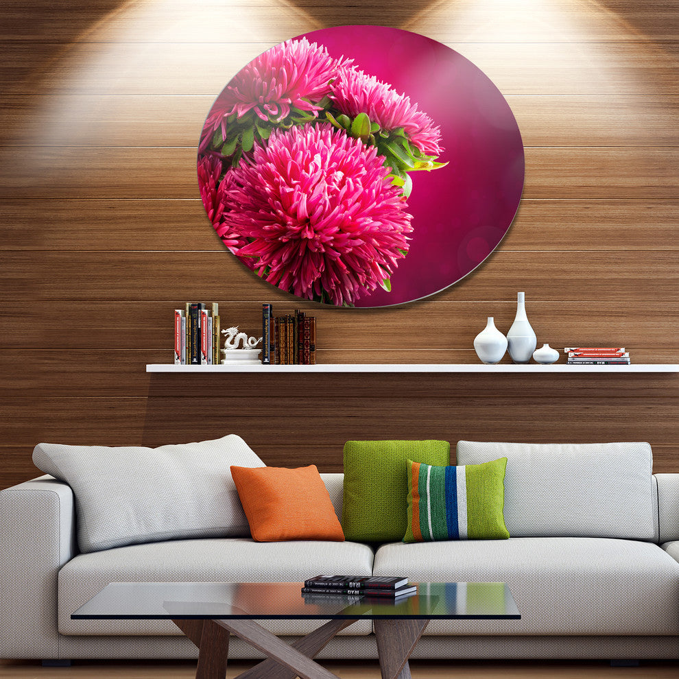 Pink Flowers Of Asters On Red, Flowers Large Disc Metal Wall Art, 11"