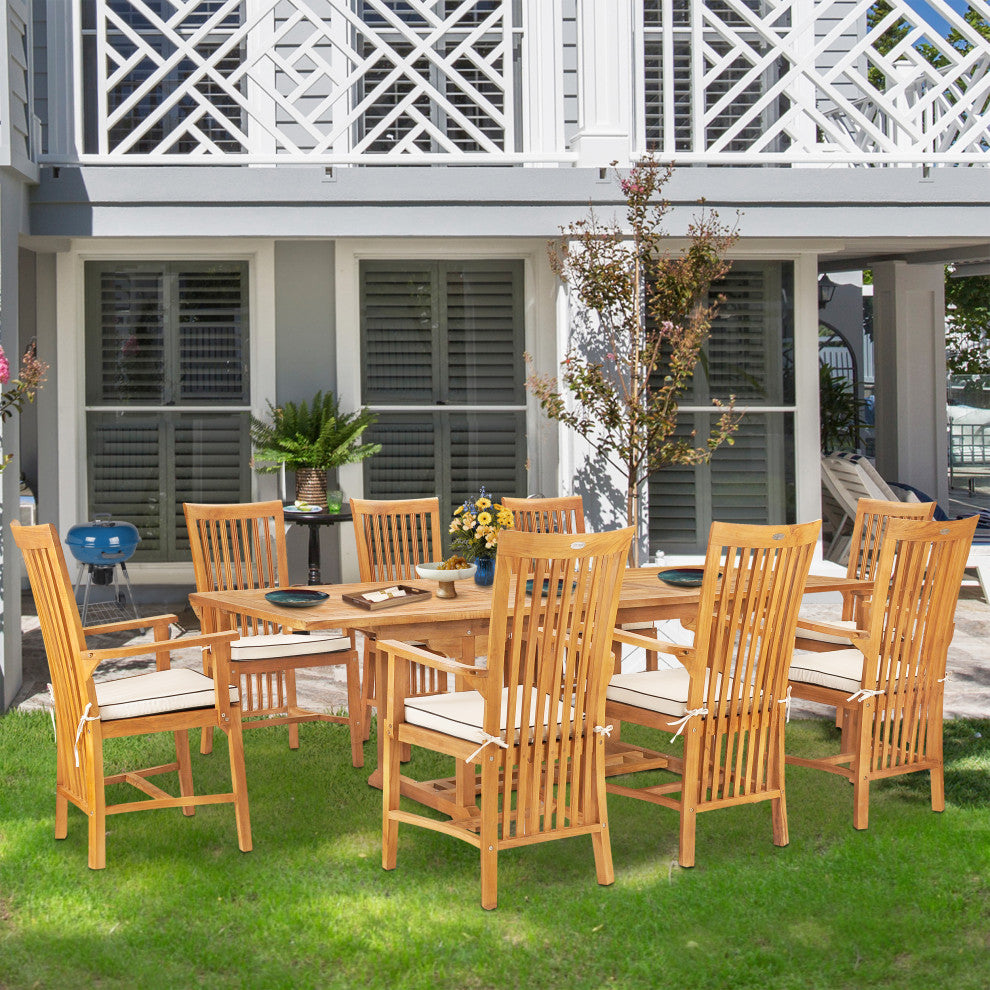 9 Piece Teak Wood Balero Outdoor Patio Dining Set, Rectangle Table, 8 Arm Chairs