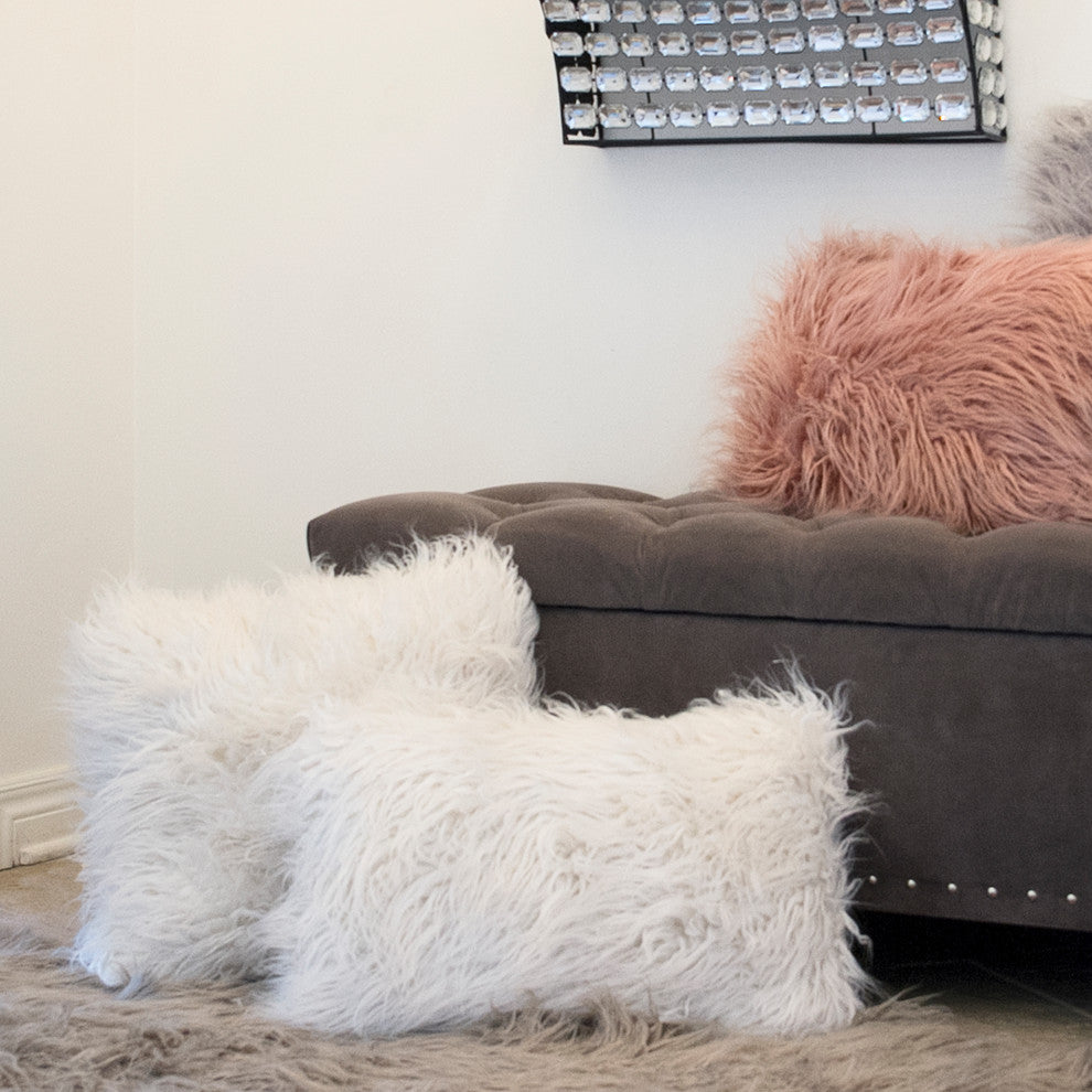 Frisco Mongolian Sheepskin Faux Fur Pillows, Set of 2, Stone White, 12"x20"