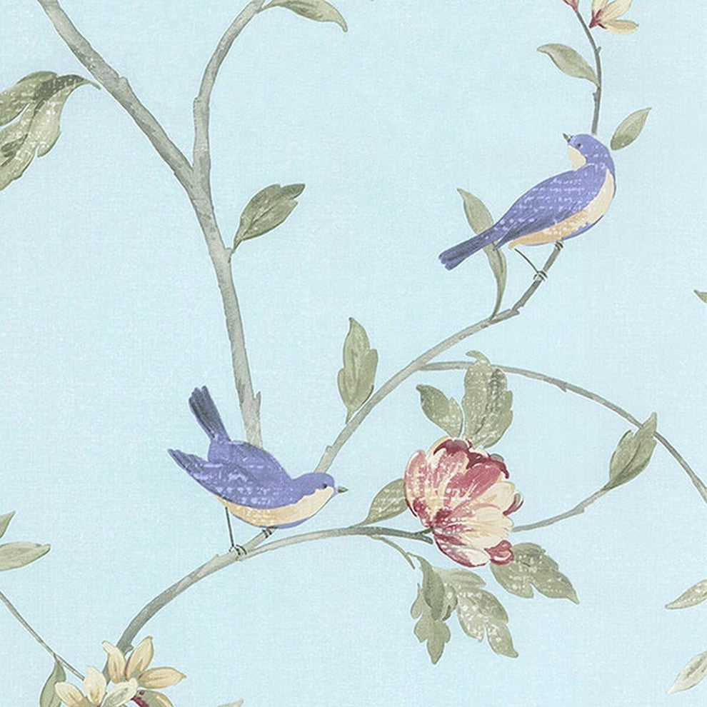 Rose Gardens 2, Romantic Floral Flower Blue, Green Wallpaper Roll