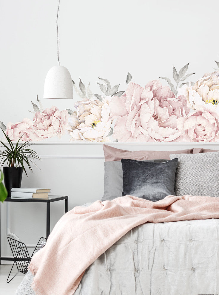 Peony Flowers Vinyl Wall Sticker, Grey Washed Pink