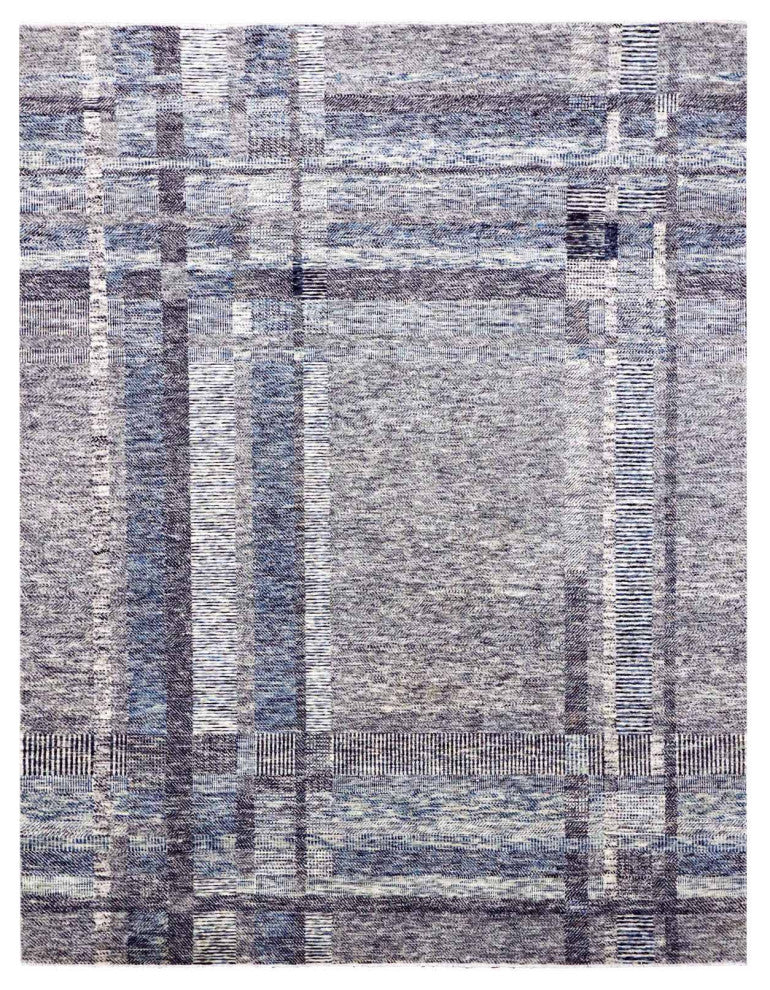 Beige Hand Knotted Geometric Opened Up Plaid Design 100% Wool Rug, 8'0"x10'2"