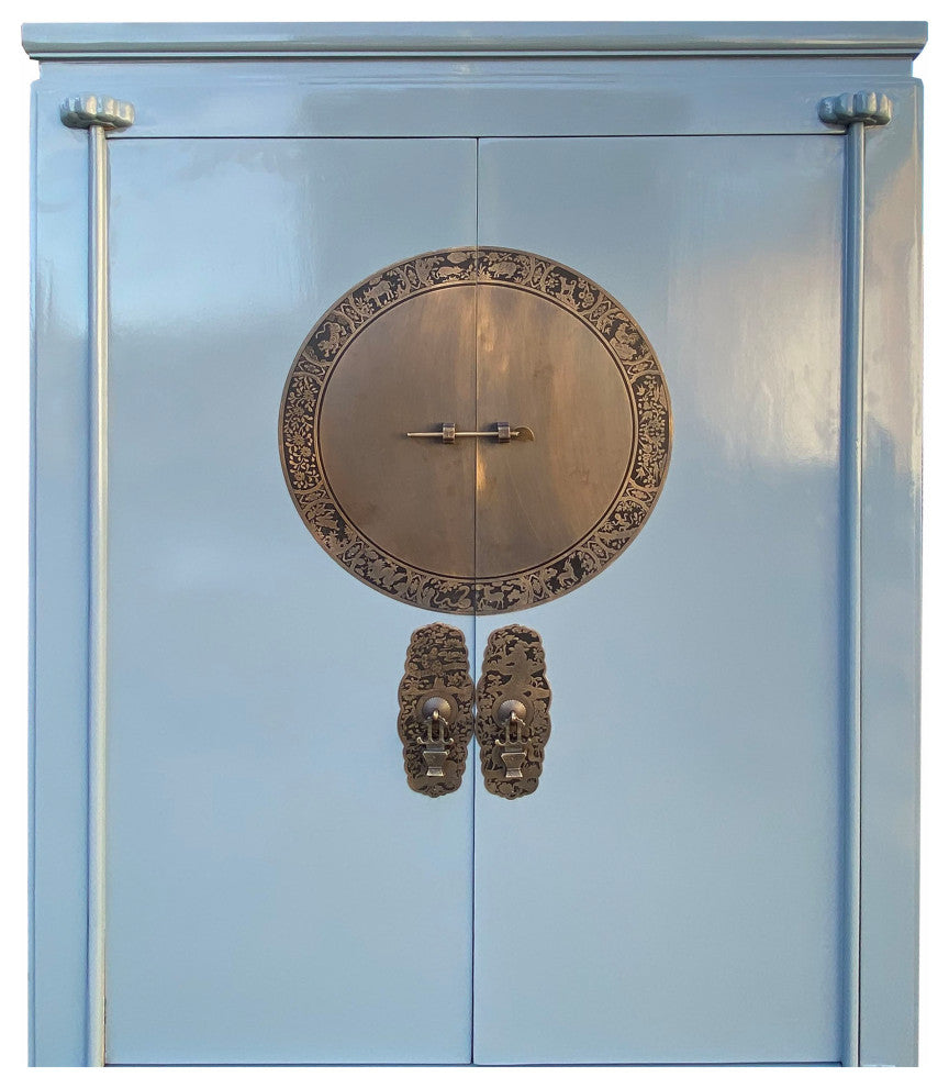 Chinese Oriental Light Blue Moon Face Tall Wedding Armoire Cabinet Hcs7084