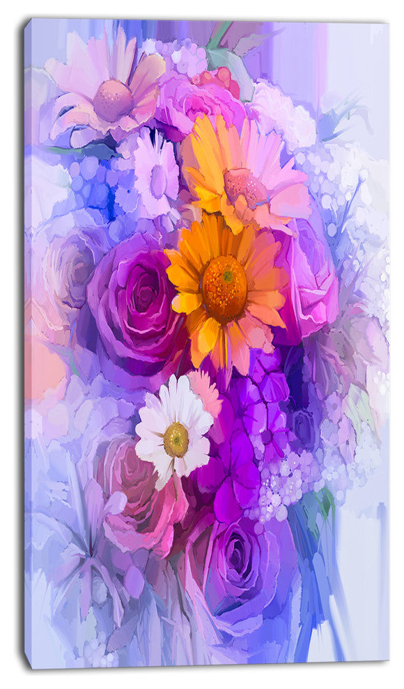 Rose Daisy and Gerbera Flowers, Large Floral Canvas Artwork, 16"x32"