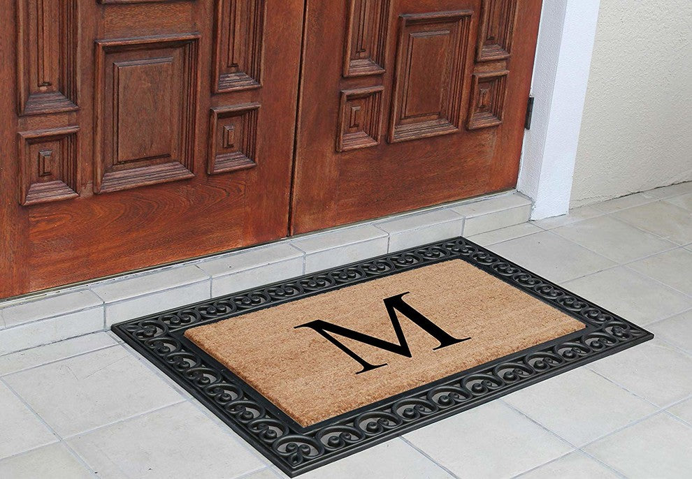 A1HC Black Rubber and Coir Paisley Border Monogrammed Double Doormat, 30"X48", M