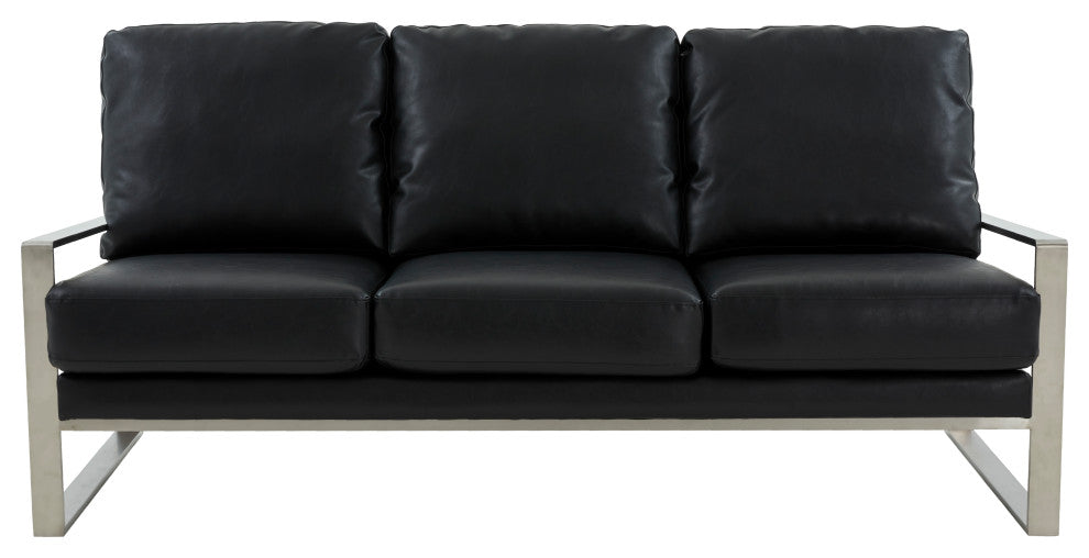 LeisureMod Jefferson Modern Faux Leather Sofa With Silver Frame, Black