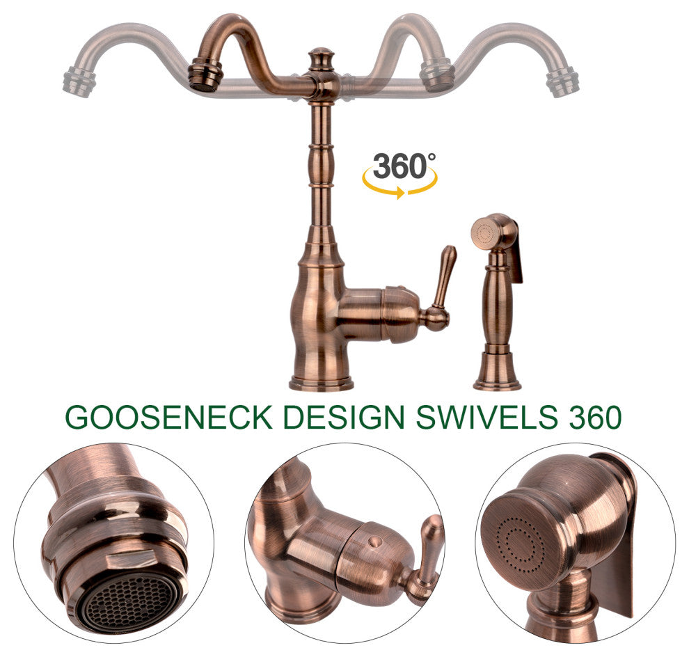 One-Handle Copper Widespread Kitchen Faucet with Side Sprayer, Antique Copper