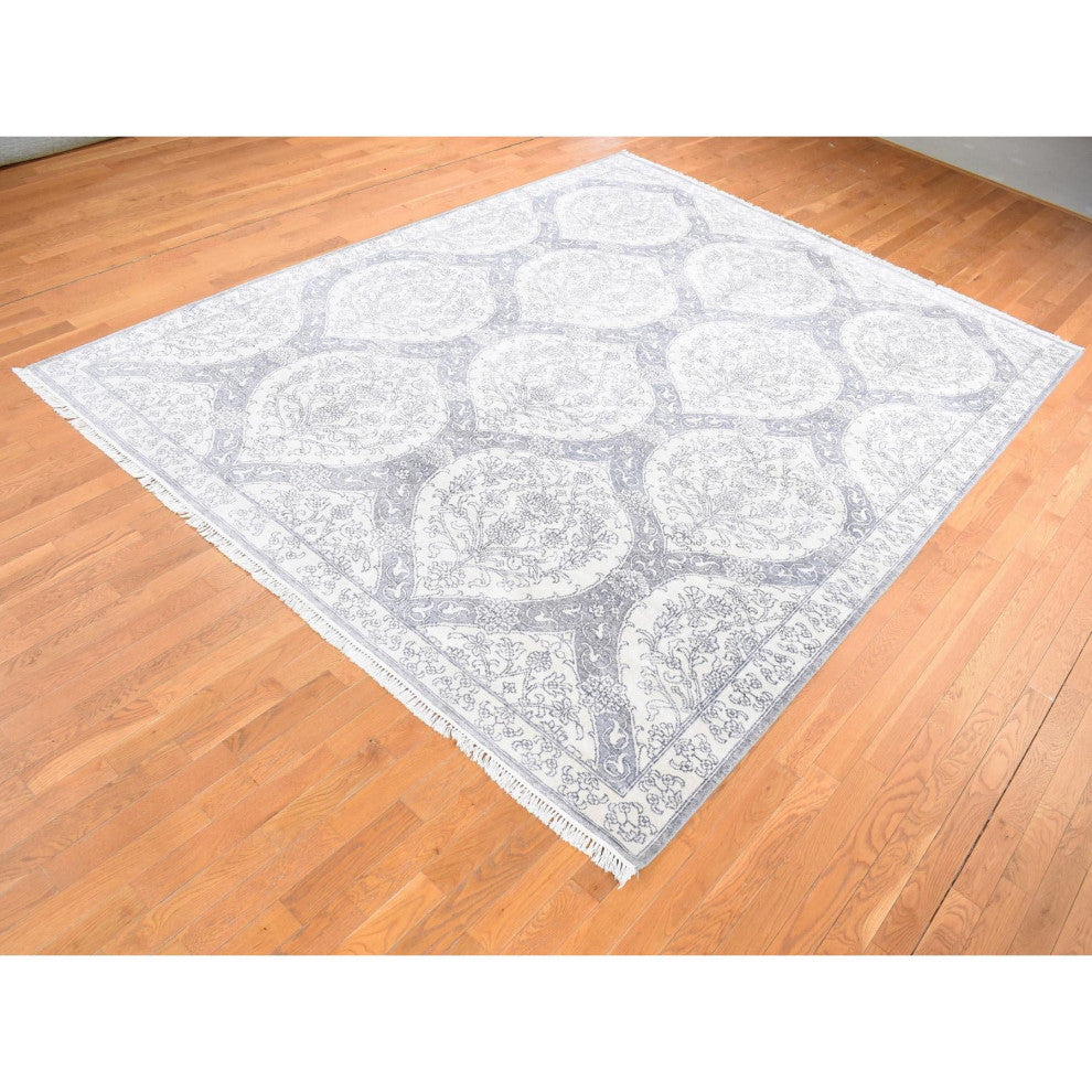 Ivory Hand Knotted Cotton Mughal Empire Agra Flower Bouquet Design Rug 9'x12'