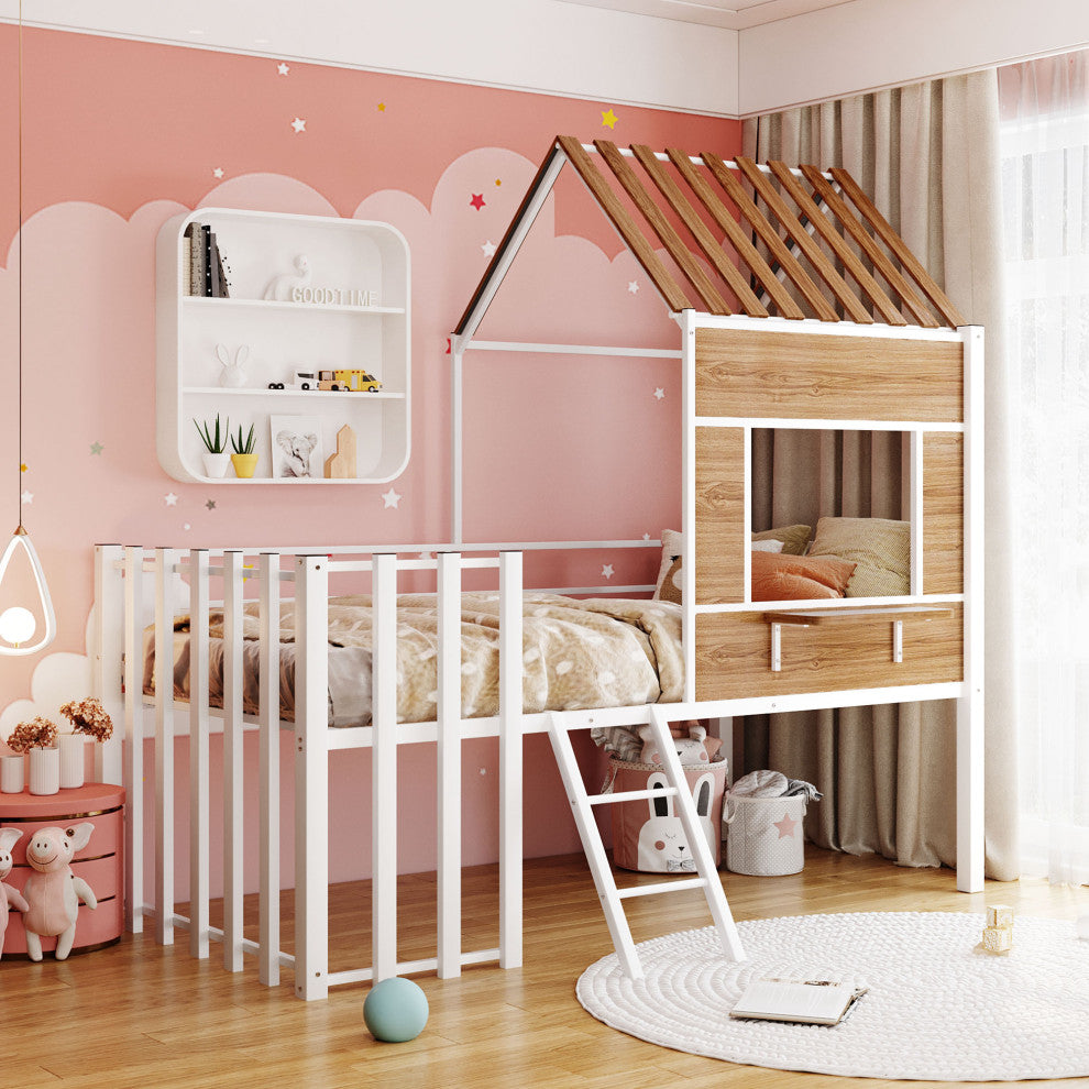 Gewnee Metal Twin Loft Bed with Roof, Window and Ladder in White