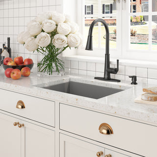 27in Undermount Single Bowl Fireclay Kitchen Sink with Grid and Drainer, Matte Gray