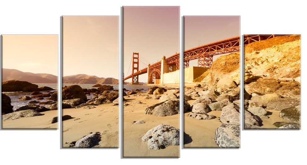 "Golden Gate in Bright Day" Landscape Art Print Canvas, 5-Panels, 60"x32"