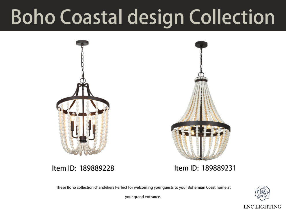 LNC 4-Lights Bohemian Rustic Bronze and Coastal Distressed Wood Beads Chandelier
