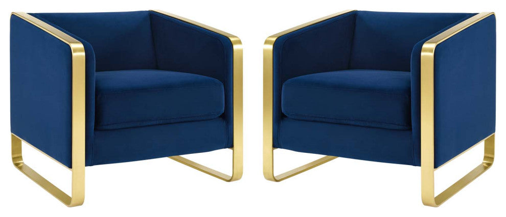 Armchair Accent Chair, Set of 2, Velvet, Metal, Blue Navy, Modern, Lounge
