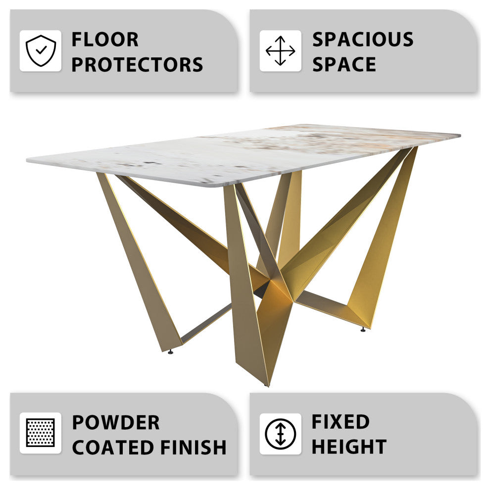 LeisureMod Nuvor Dining Table With Rectangular Top and Gold Steel Base, White Gray, 55 Inch