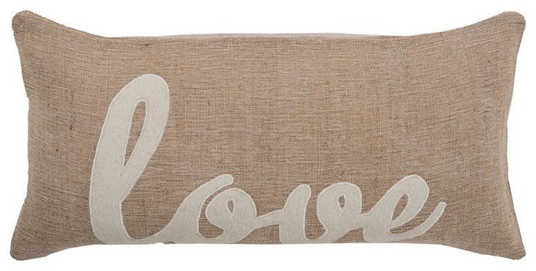 Tan Love Felt Applique Burlap Throw Pillow