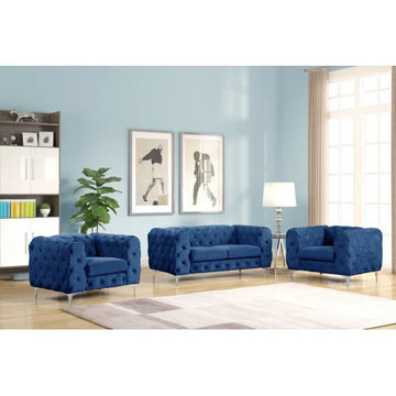 Rebekah 3 Piece Velvet Standard Foam Living Room Set 1sofa+2 Chairs, Royal Blue Velvet
