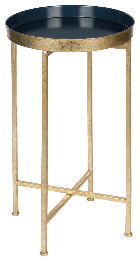 Kate and Laurel Celia Round Metal Foldable Tray Accent Table, Gold and Navy Blue
