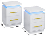 Set of 2 End Tables with RF Remote-Controlled LED Lights, Two Drawers, White
