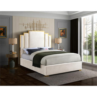 Maklaine Modern Upholstered Velvet Queen Bed in Cream/Polished Gold