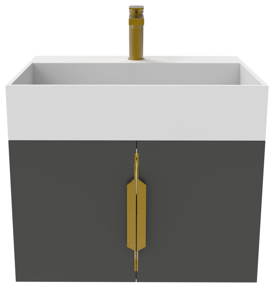CastelloUSA Amazon 24" Wall Mounted Bathroom Vanity Set, Black, White Top, Gold