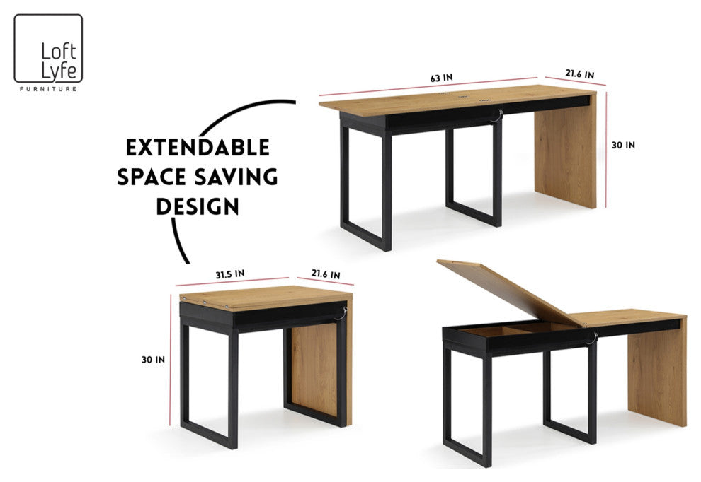 Loft Lyfe Arwen Desk, Extendable, Space Saving Design, Natural/Black